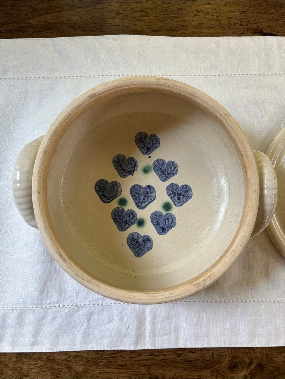 Vintage Hand-Painted Cream Ceramic Covered Casserole with Blue Heart Folk Art